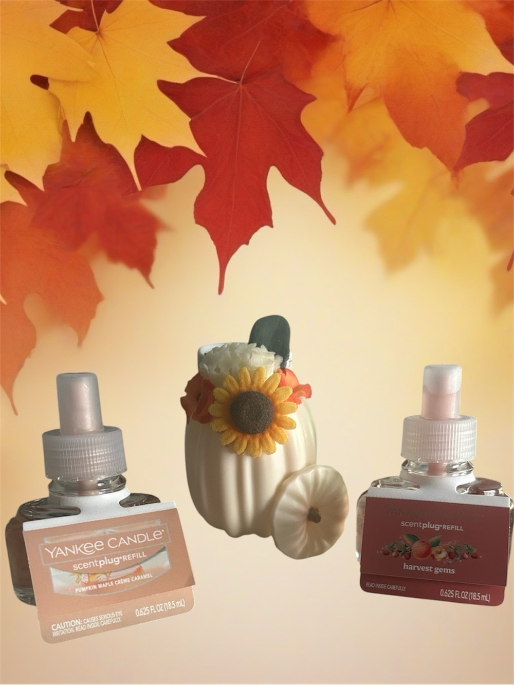 Yankee Candle White Pumpkin Floral Diffuser & light plug in & 2 fall oil scents.